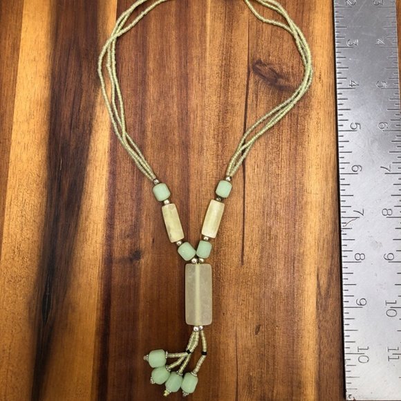 Beaded Pendant Necklace, Beaded Stone Necklace Glass Beaded, Hand Knotted - Picture 3 of 3